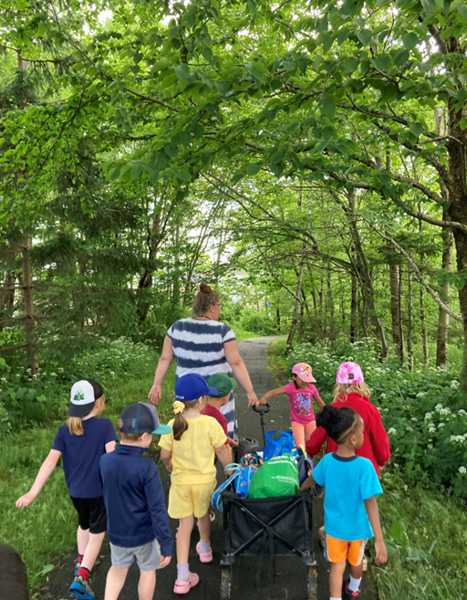 PrePrimary Group walking on a trail in the forest