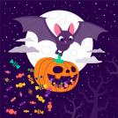 Bat flying infront of the full moon carrying a pumpkin filled with candy.